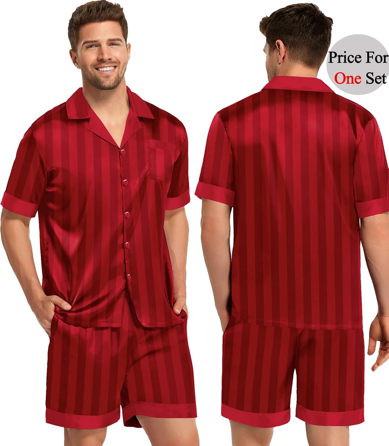 SWOMOG Couples Pajama Set Women & Men Silk Satin Short Sleeve Set Top and Shorts Sleepwear Soft Button-Down Loungewear - Image 3