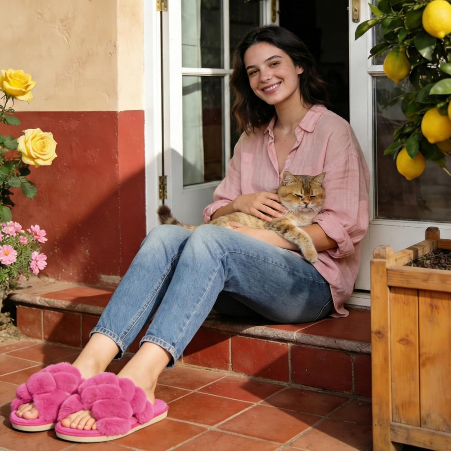 JIASUQI Women's Open Toe Slippers Fuzzy Fluffy House Slippers for Women Cozy Criss Cross Furry Slides Slippers - Image 2