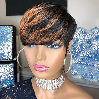 PangDongLai Pixie Cut Wigs for Black Women Short Layered Pixie Cut Human Hair Wigs With Bangs Black with Brown F1B/33 Color Glueless Brazilian Virgin Straight Human Hair for Daily Use