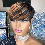 PangDongLai Pixie Cut Wigs for Black Women Short Layered Pixie Cut Human Hair Wigs With Bangs Black with Brown F1B/33 Color Glueless Brazilian Virgin Straight Human Hair for Daily Use