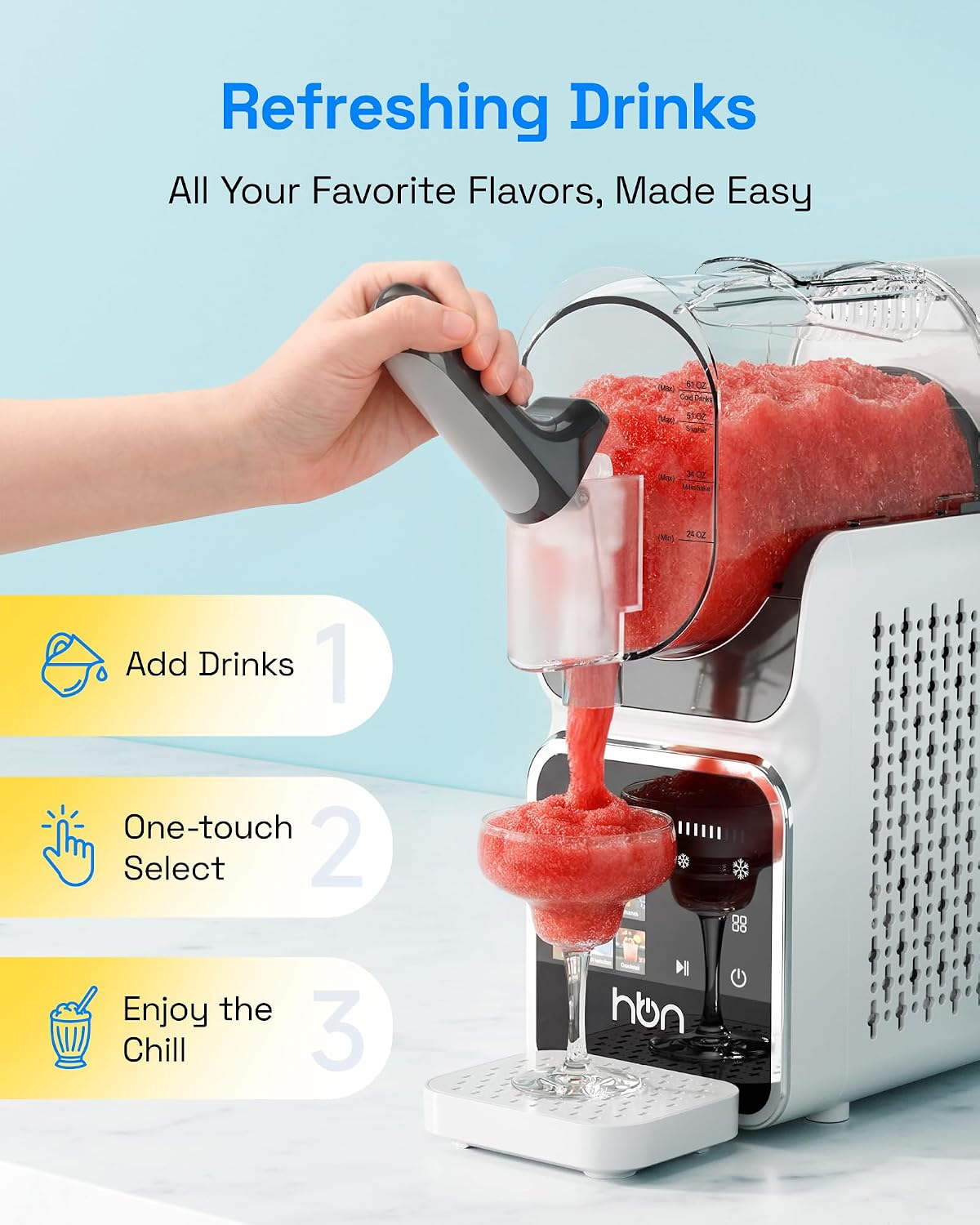 The HBN Slushie Machine's control panel showing 6 preset modes: Slush, Milkshake, Frappé, Juice, Spiked Slush, and Cocktail, along with temperature display and thickness settings.