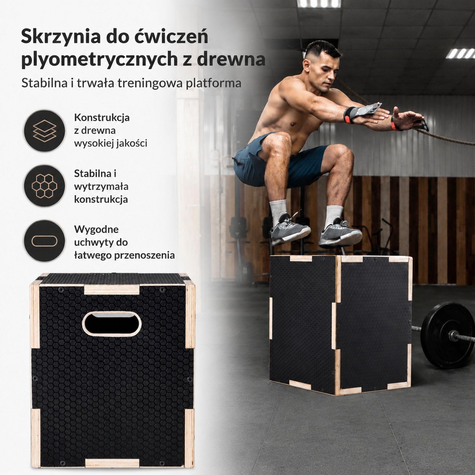 Skrzynia plyometryczna 3 w 1 czarna z wielowarstwowej sklejki do ćwiczeń fitness w domu