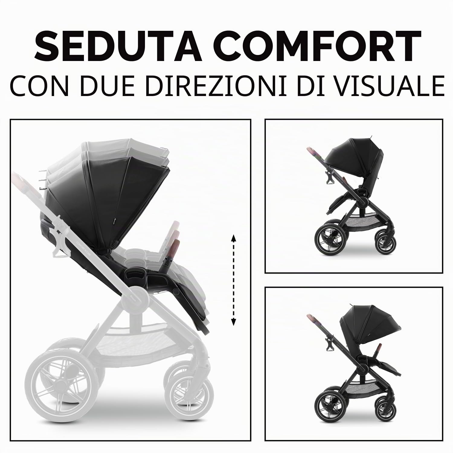 hauck Comfort N Care Set, Black - Passeggino 2in1 con Ruote di Gomma, Navicella Neonato con Pulsanti Memoria, Seduta Reversibile Reclinabile fino a 22 kg, Coprigambe, Portabibite, Sospensione