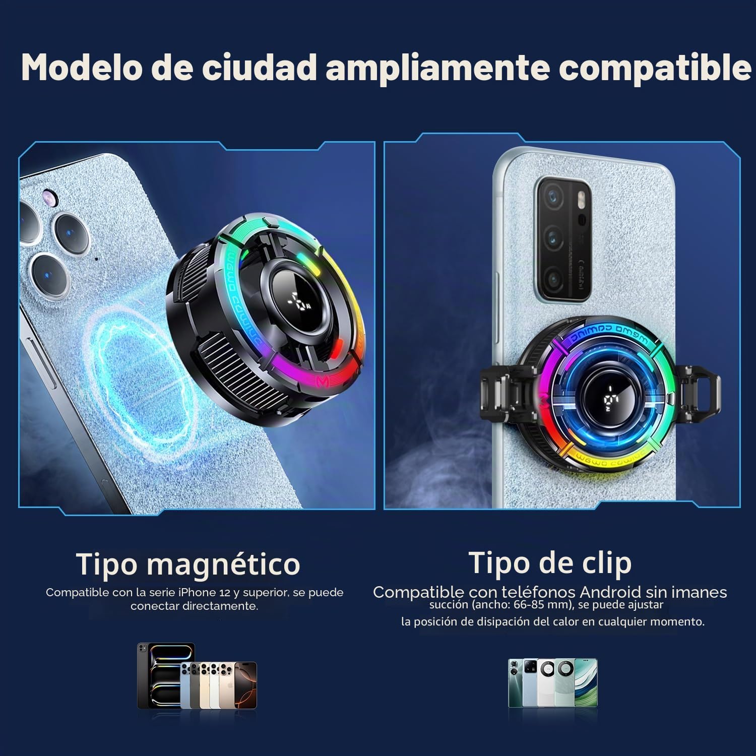 Enfriador magnético de teléfono para juegos, ventilador de refrigeración de iPhone celular para clima caluroso, Enfriador móvil RGB portátil para funda celular, ventilador para teléfono, iPad