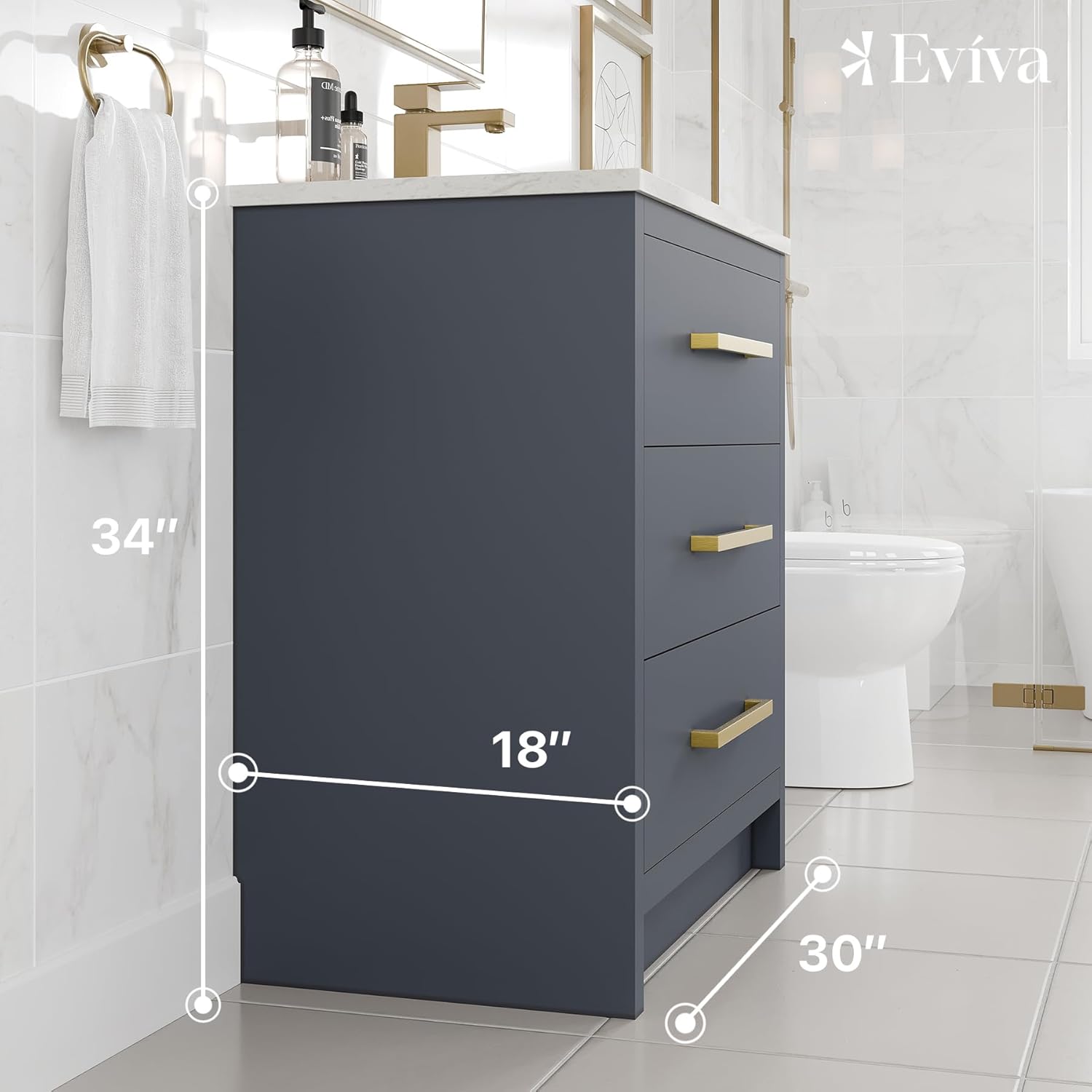 Eviva Curio 30 in. Dark Blue Single Sink Bath Vanity with Carrara Quartz Top and Undermount Porcelain Sink