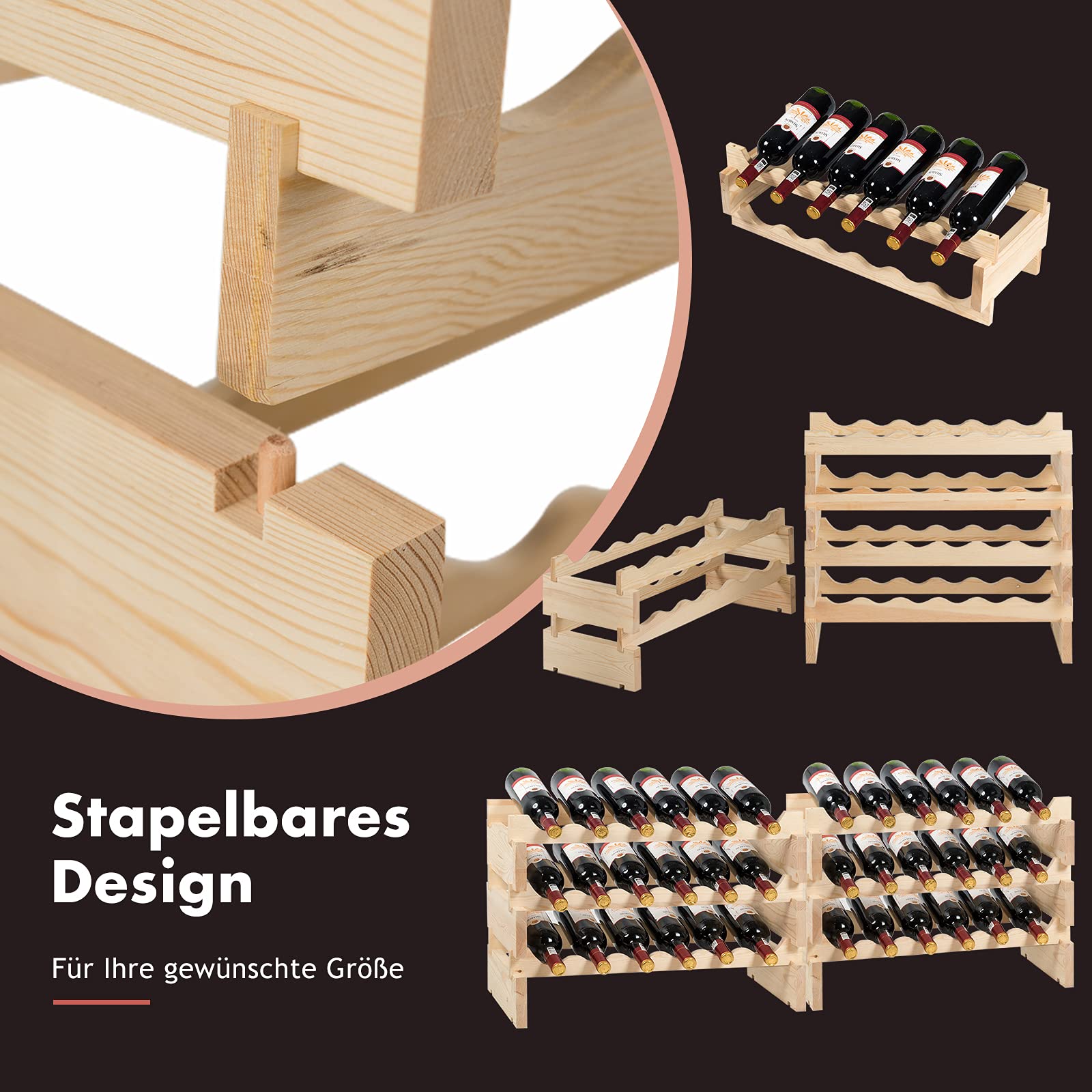 GOPLUS Weinregal Holz stapelbar, Flaschenregal für 36 Flaschen, Weinflaschenregal Weinständer mit 6 Fächern, Wine Rack Weinhalter für Keller Bar Lagerraum, 63 x 28 x 85 cm, Natur
