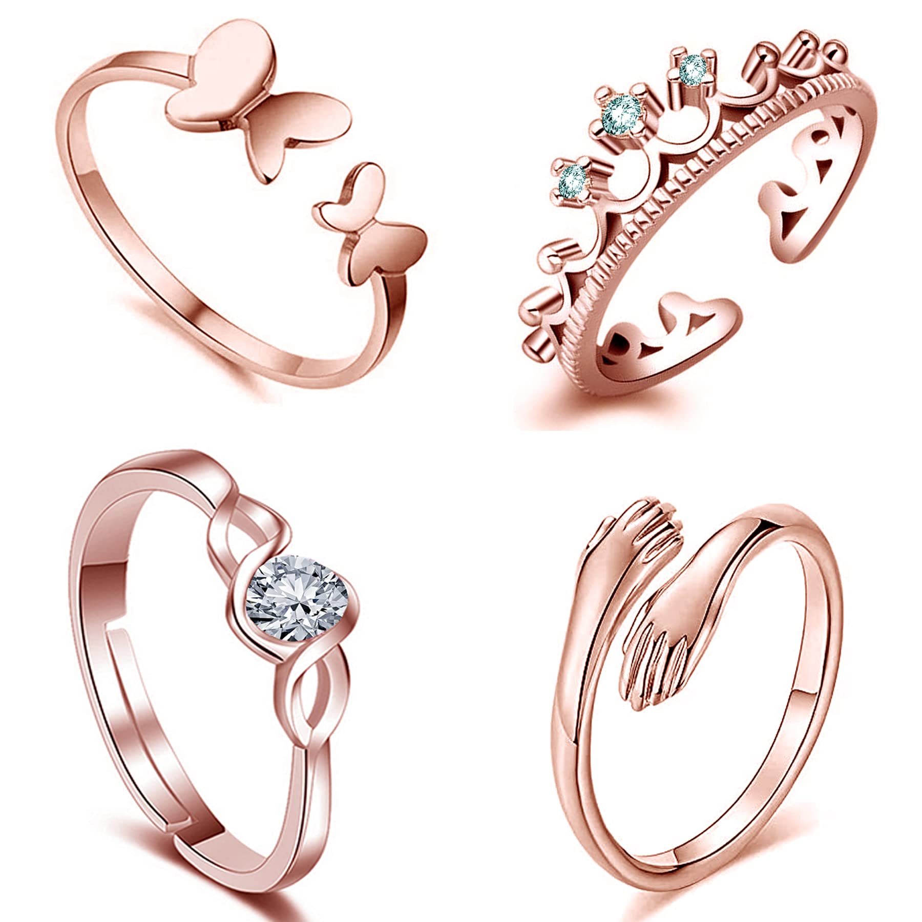 Rose Gold Plated CZ Jewellery Combo of 4 Designer Finger Rings Adorned With White CZ Stones for Girls and Women CO1000427