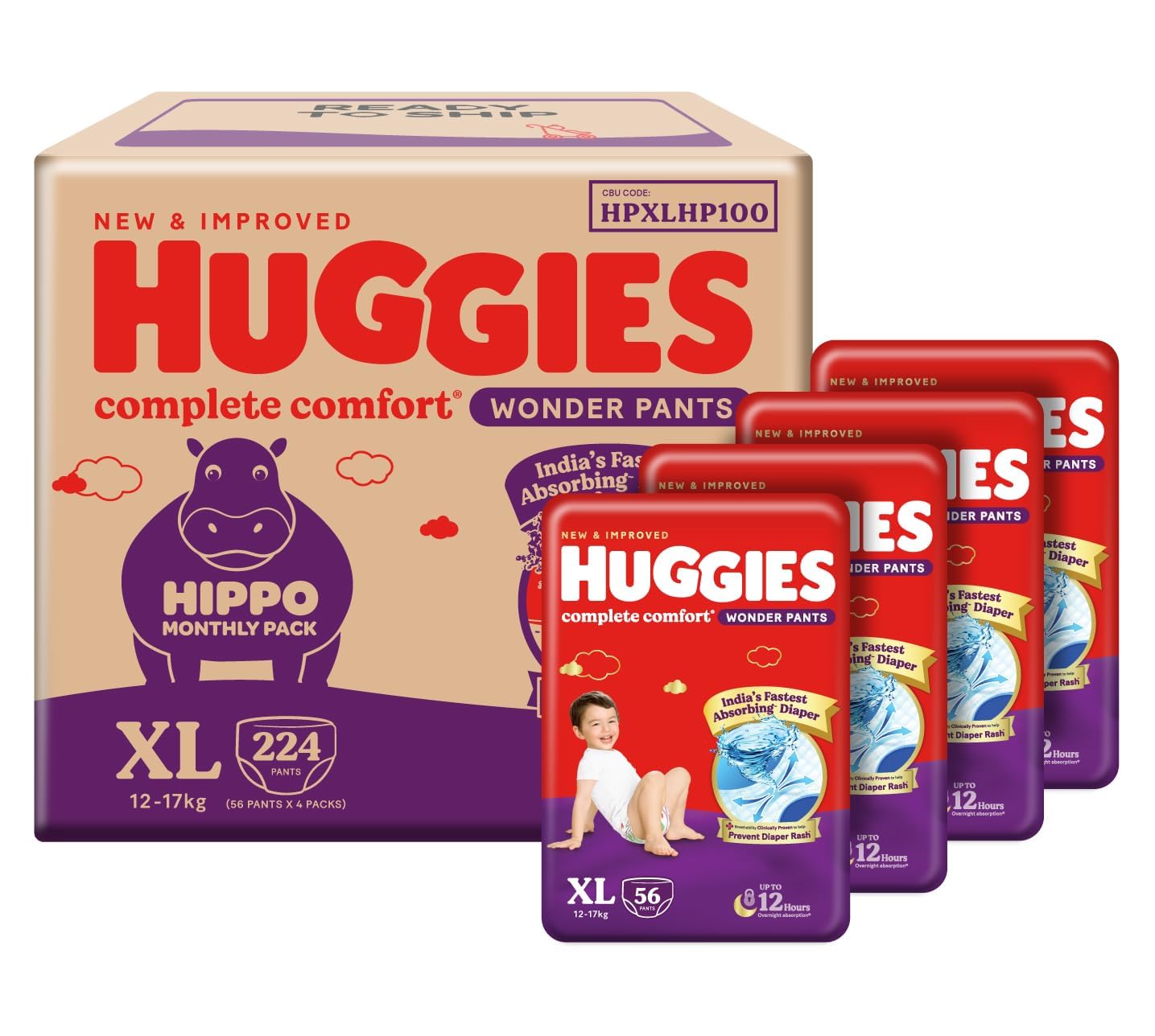 Huggies Complete Comfort Wonder Pants | Pant Style Baby Diapers Extra Large Size, 224 Count | India's Fastest Absorbing diaper, Clinically Proven to Prevent Diaper Rash | Ideal for 12 to 17 Kgs (56 count, Pack of 4)-image-16