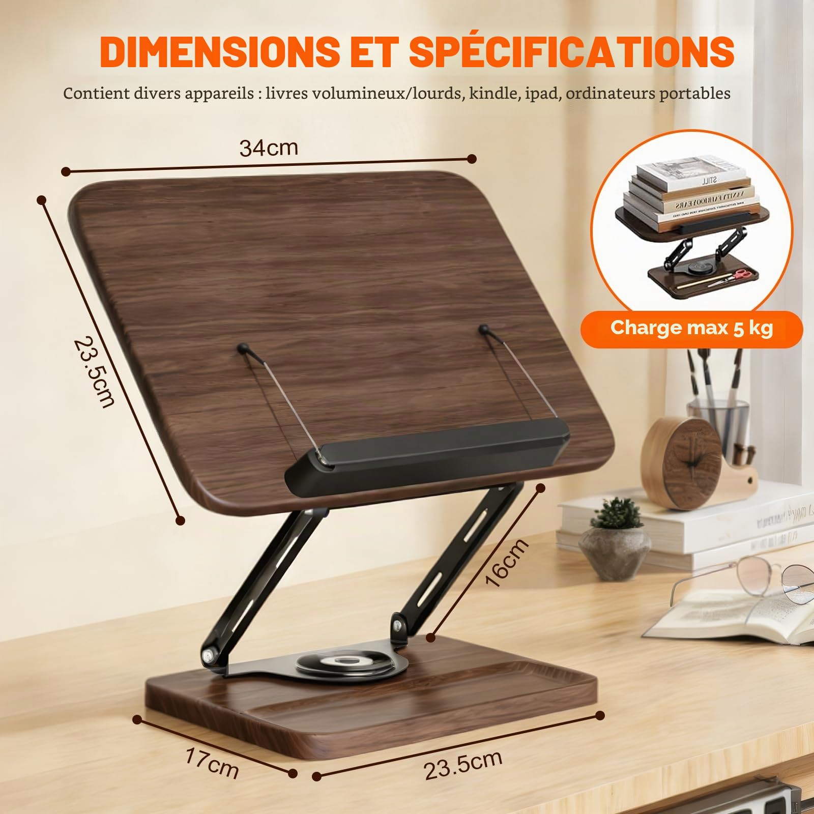 Support de Lecture en Bois Réglable et Rotatif à 360° - Pliable - Pupitre Ergonomique Porte-Livre pour Cuisine (Livre de Cuisine), Bureau, Partition de Musique et Tablette