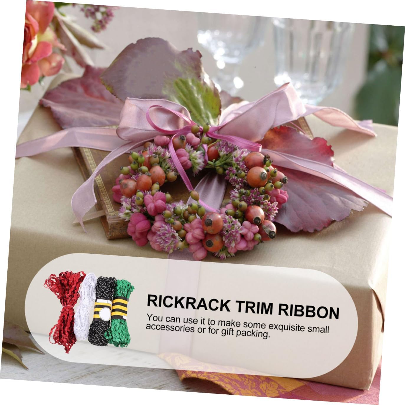 15 Yards 5mm Rickrack Ribbon Trim for Sewing and Flower Making Crafts, 4 Rolls Red Green White Black-White, Decorative Wavy Edge Ribbon for DIY Wrapping and Apparel Embellishment