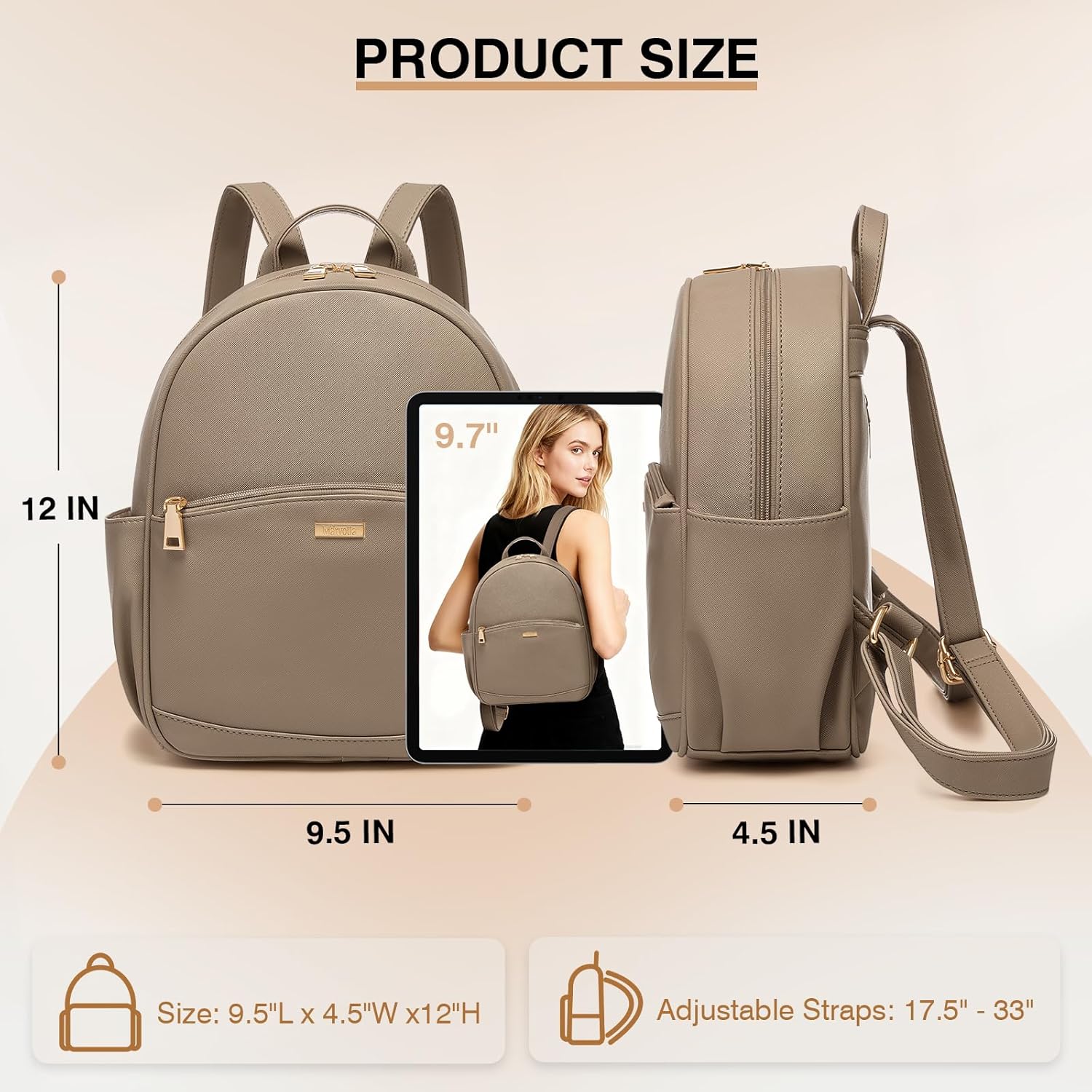 Marvolia Mini Backpack for Women - Leather Backpack Cute Backpacks with Multiple Pockets for Travel College Work - Khaki