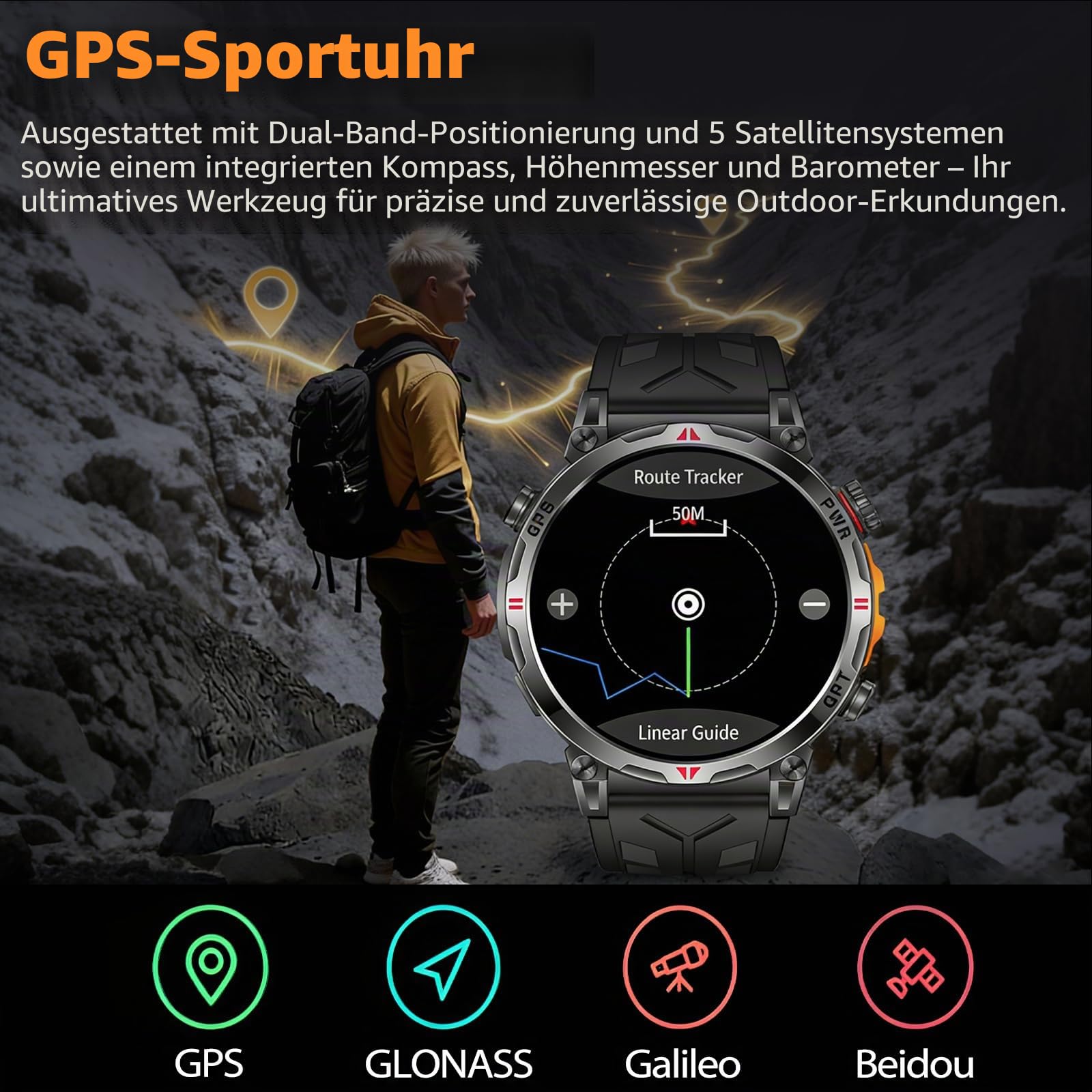 Smartwatch Herren mit GPS, Kompass, Bluetooth-Anruf, 1,56'' Amoled Bildschirm, Fitnessuhr mit 107 Sportmodi Sportuhr für iOS/Android, AI-Zifferblatt, IP68 Wasserdicht, Schlaftracking, Multifunktional