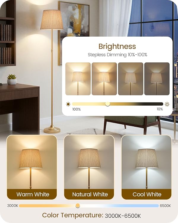 GOEBLESON Dimmable Floor Lamp for Living Room, 68" Tall Standing Lamp, Reading Light with Remote & Foot Pedal, 10W LED Bulb (3000K-6500K) Included, FCC Listed, Reinforced Base, Gold and Beige DE12LD05 by GOEBLESON - Used condition - Image 2