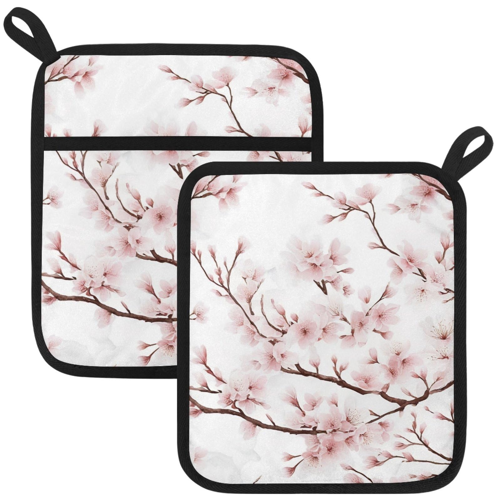 VAPOKF Pink Cherry Blossoms Kitchen Hot Pot Holder, Pot Holders Heat Resistant Pot Holder with Pocket Heat Resistant Trivets for Hot Pans Cotton Pot Mitts for Kitchen Cooking Baking