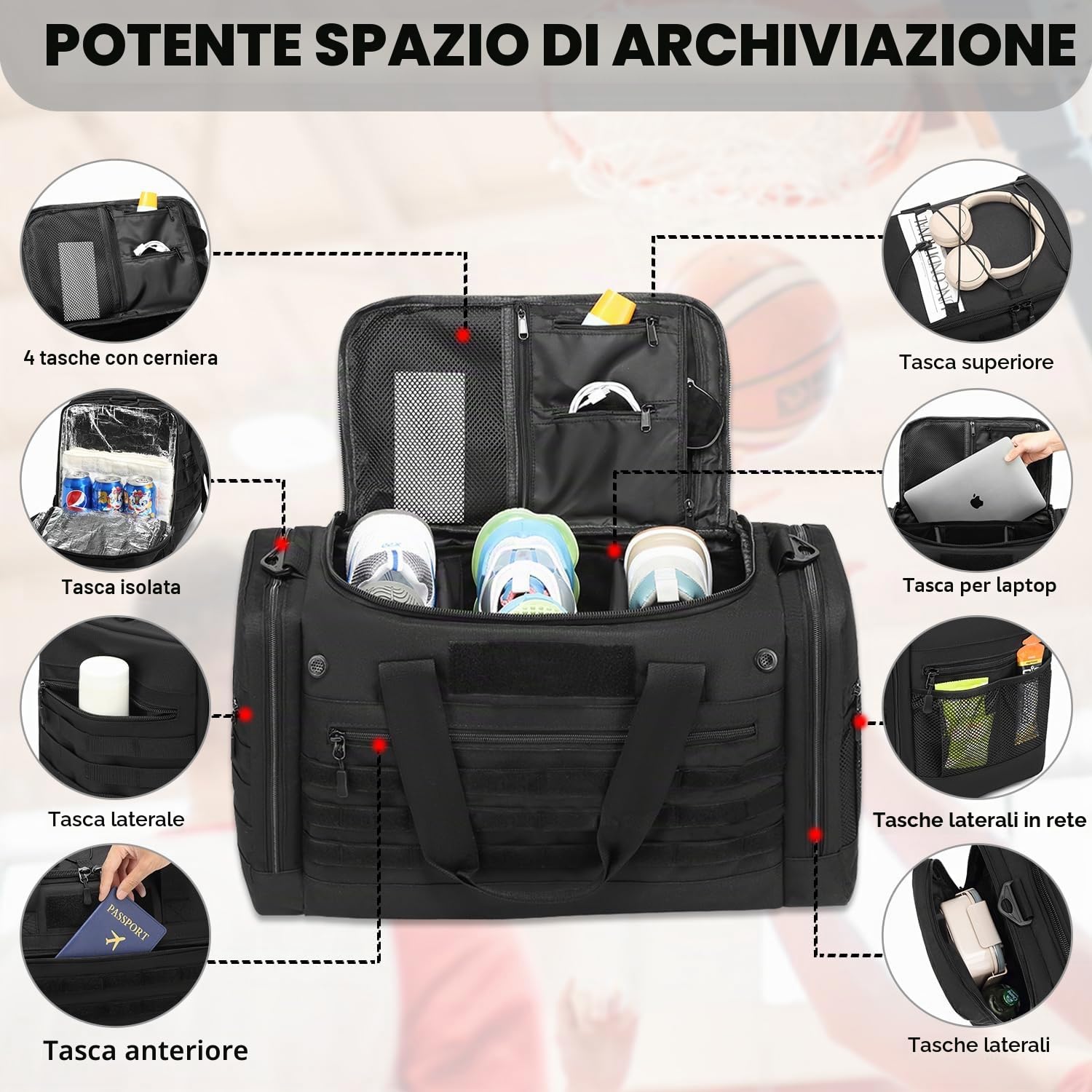 Borsa Palestra e Sportiva 45L, Borsone Viaggio MOLLE Sistema da Classica per Uomo e Donna, Con Scomparto per Scarpe, Impermeabile per Sport, Fitness Palestra, Sauna (Nero)