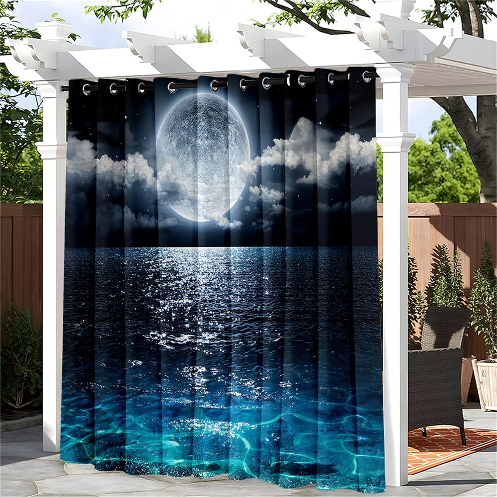 Hiseng Waterproof Outdoor Curtain for Patio Pergola, Sunshade Blackout Thermal Insulated Curtains with Eyelet Top for Garden, Gazebo, Porch, 1 PANEL, 3D Moon Starry Sky (Blue 5,52x54 in)
