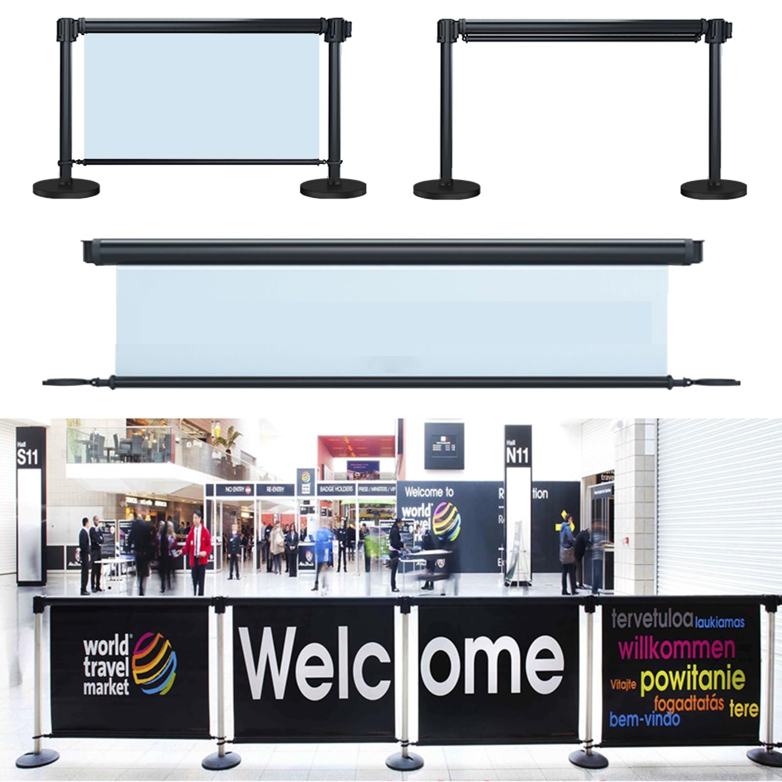 Postes Separadores Barreras de Los Puntales del Control de Multitudes, Poste de Poste de Visualización de Flujo de Cliente de Cartel Personalizable, Conjunto de Banners de Negocios al Aire Libre ( Siz