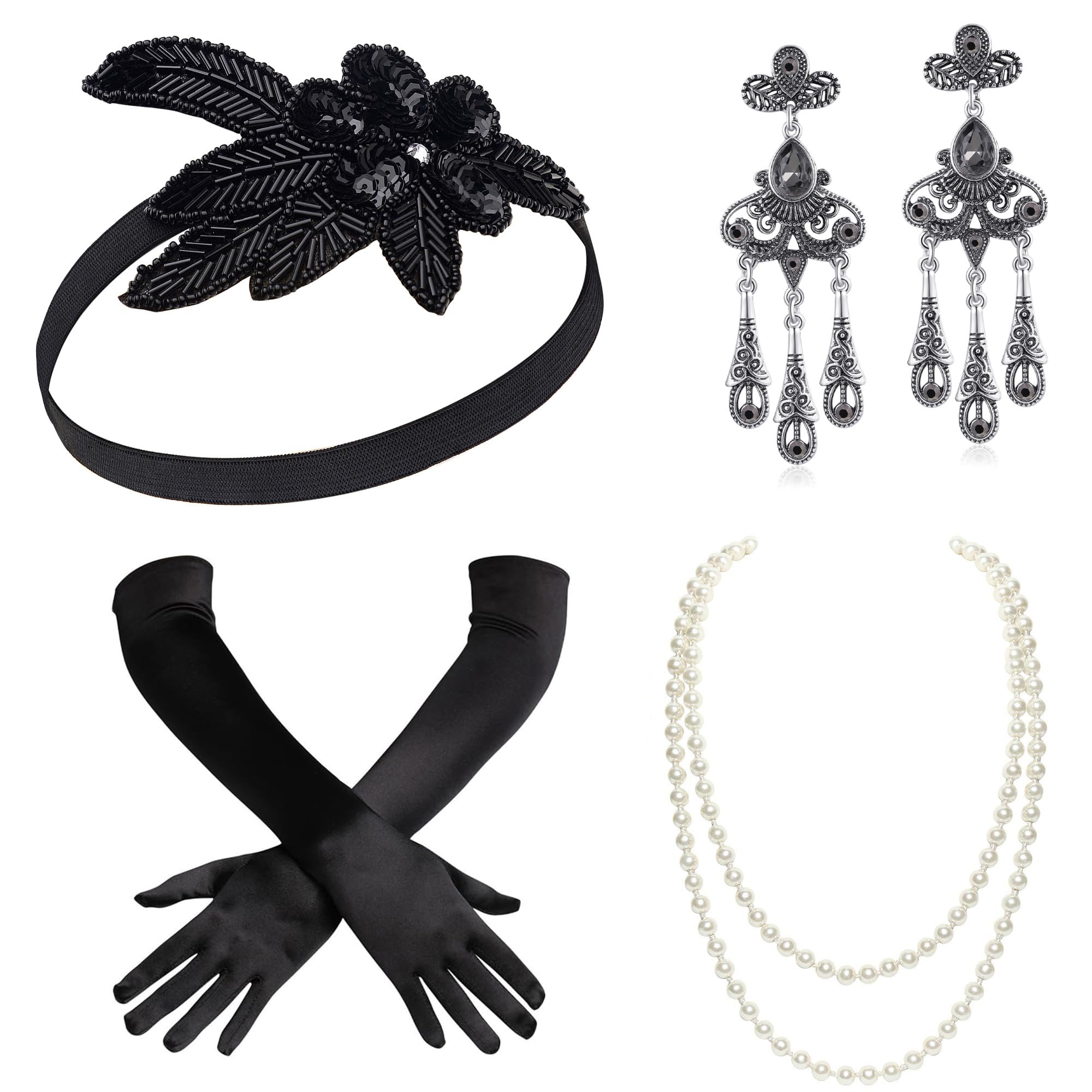 BABEYOND Collier Gatsby style années 20 nœud long avec perles imitation 1920s (124,5 cm x 2+149,9 cm/Noir