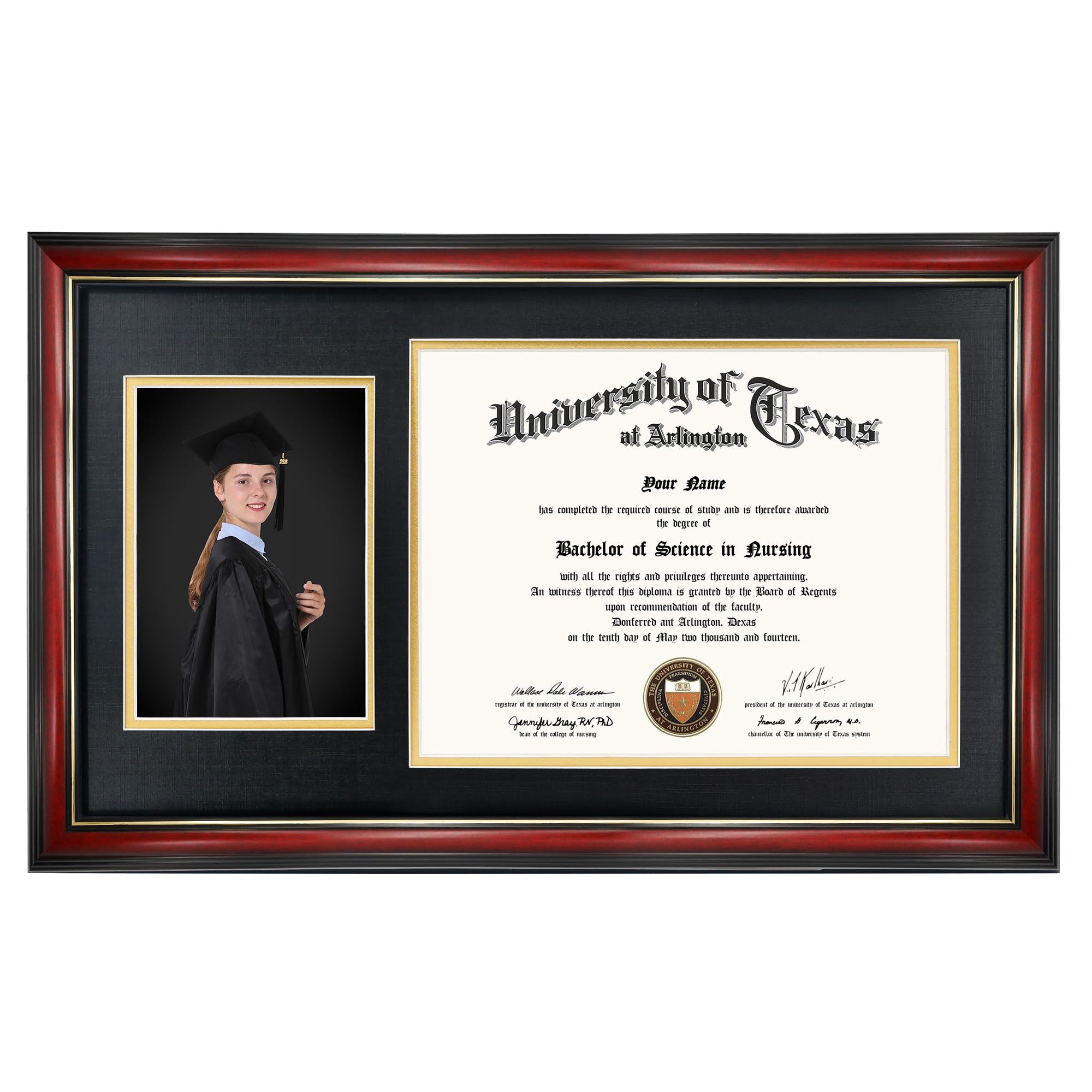 GraduationMall 11x19 Cherry Diploma and Photo Frame for 8.5x11 Certificate,5x7 Picture,Tempered Glass,Black over Gold Double Mat
