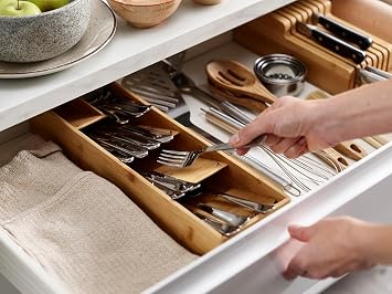 Joseph Joseph Compact Cutlery Drawer Organizer, 5 Compartment, for 24+ Pieces - Bamboo