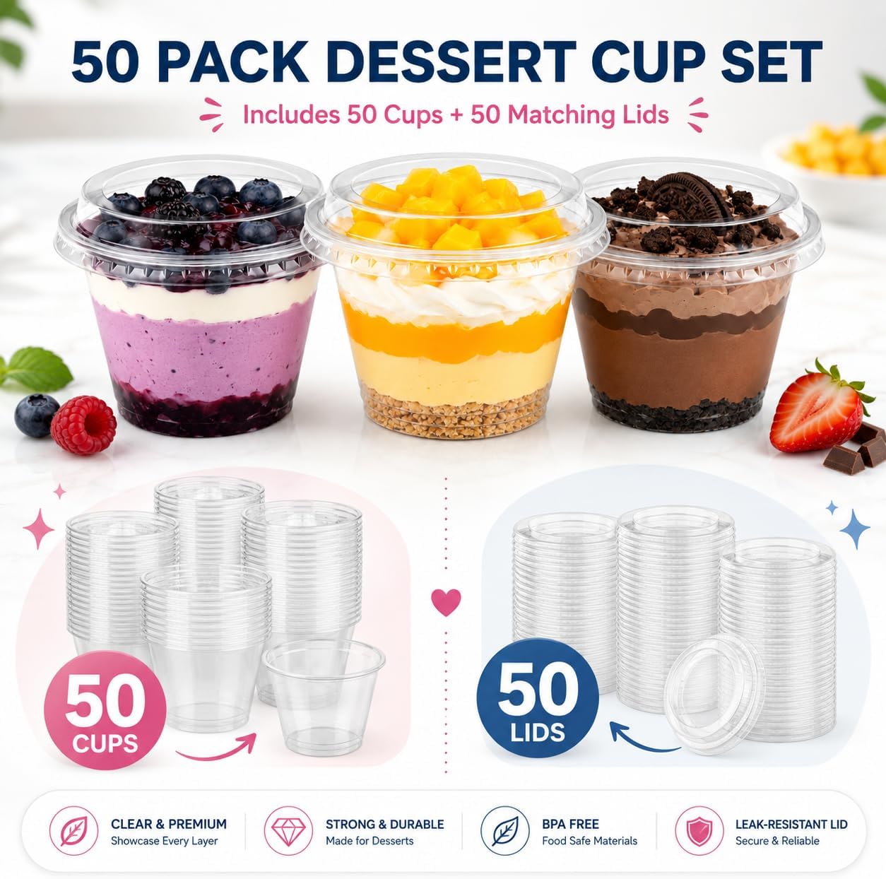 50 Pack 6 oz Clear Plastic Dessert Cups with Lids, Parfait Cups