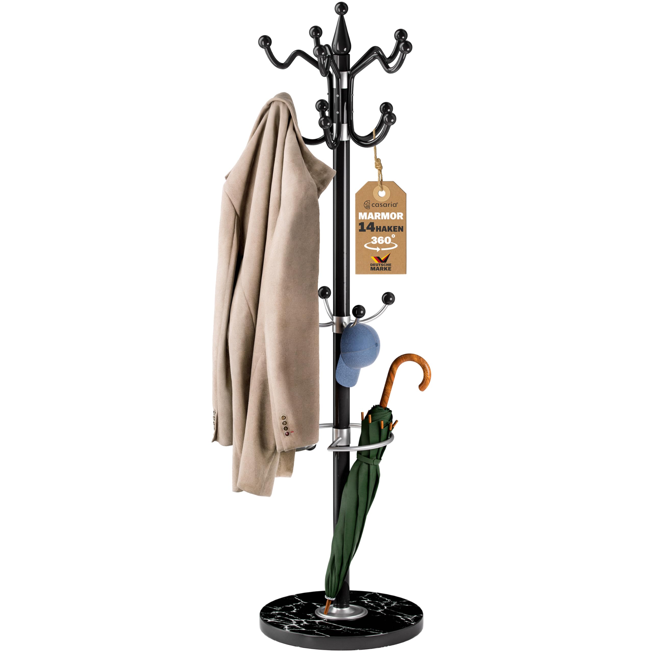 CASARIA® Perchero de Pie, Forma de Árbol, 14 Ganchos, Base Mármol, para Pasillo Recibidor Entrada, Colgador Chaquetas Sombreros Ropa Resistente Bolsos 175x37cm