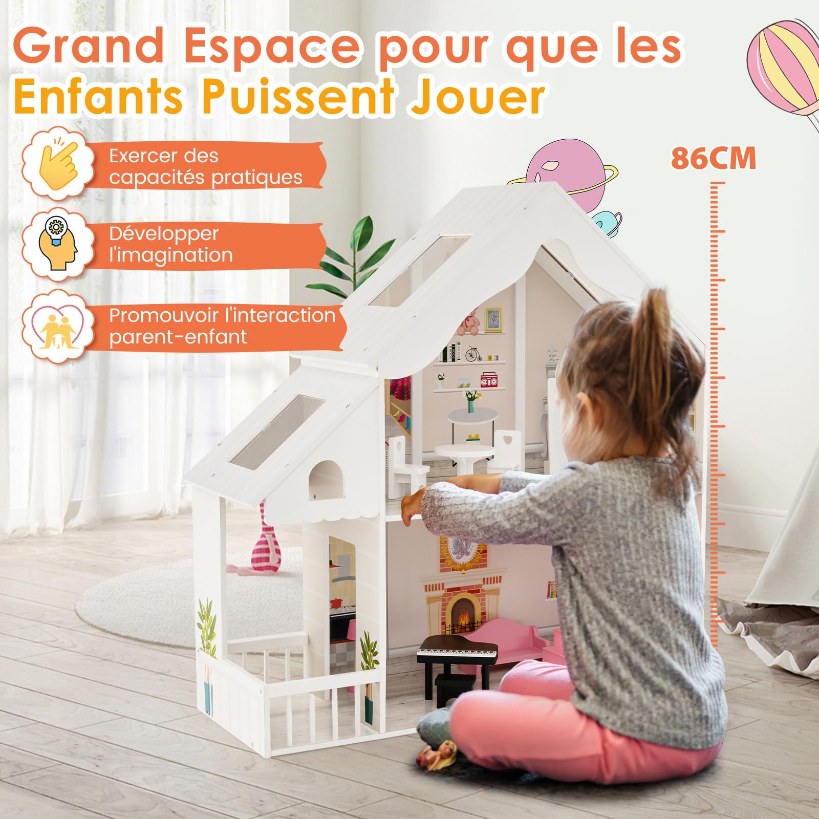 COSTWAY Maison de Poupée en Bois à 2 Etages avec 6 Pièces & 8 Meubles, Maison de Rêve avec Autocollants & Motifs Mignons, Jeu d’Imitation pour Enfants de 3 Ans+, 81 x 30 x 86 cm