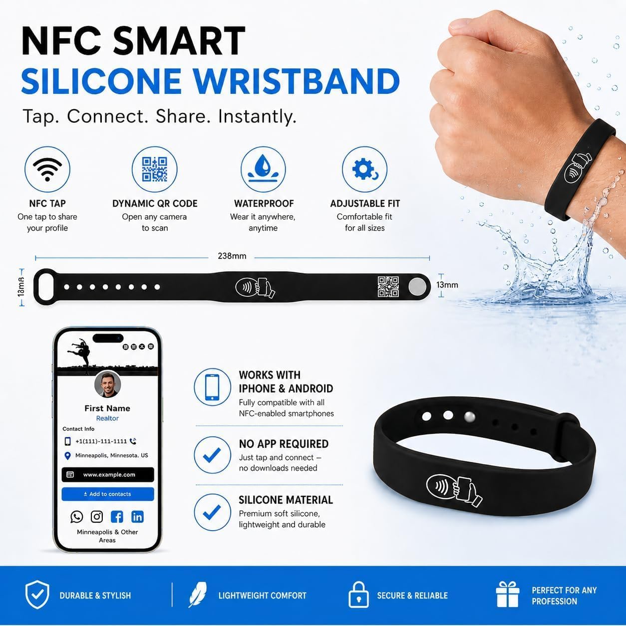 NFC Smart Business Card Wristband, Adjustable (Black)