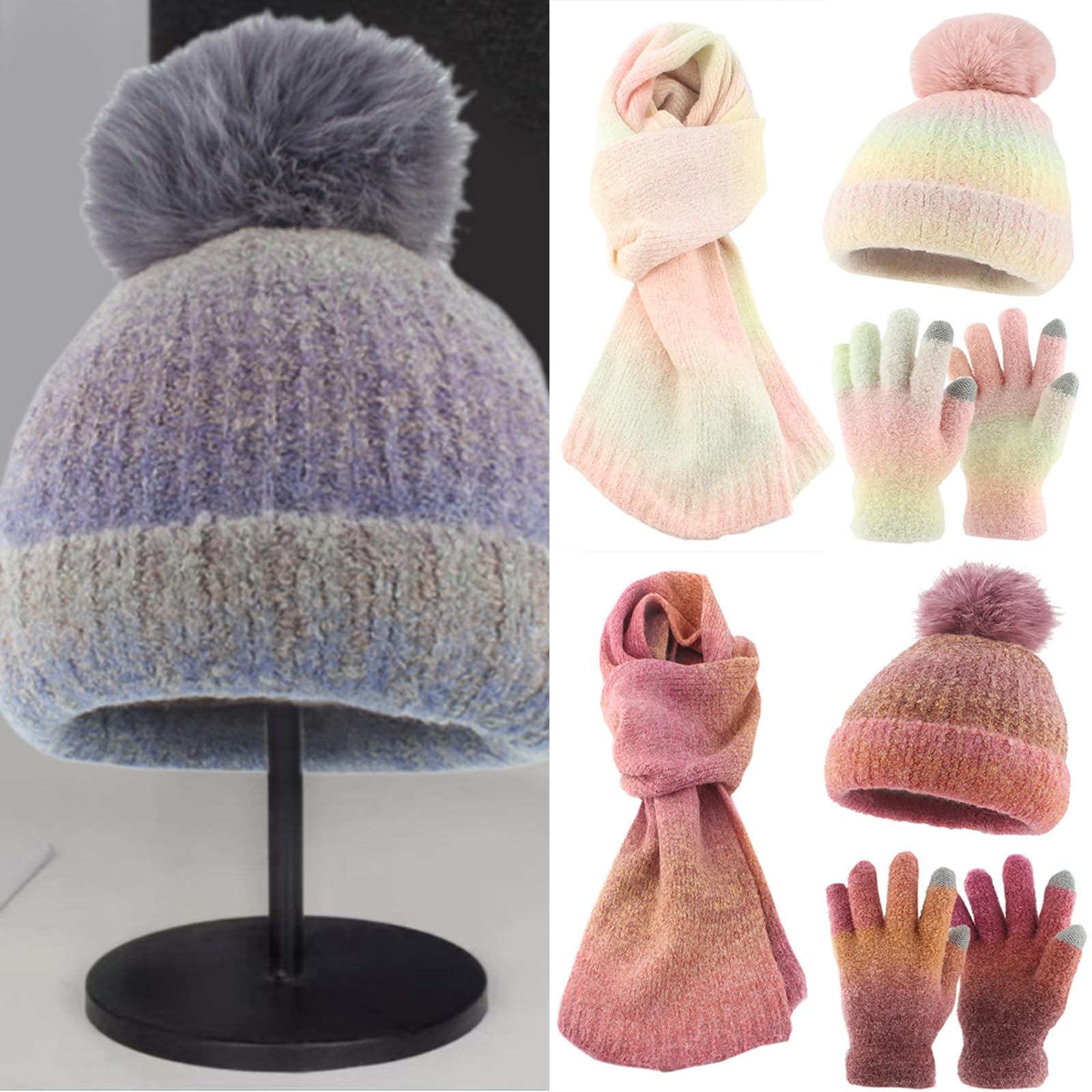 Set di cappello, sciarpa e guanti per adulti, unisex, per attività invernali all'aperto, caldo, per sci, escursionismo, berretto termico lavorato a maglia, sciarpa e guanti