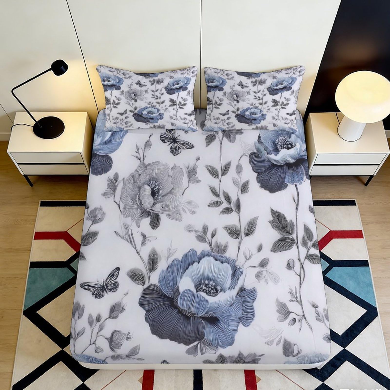 3D Printed Blue Floral Fitted Sheet Microfiber Deep Pocket Bedding Set Blue Floral Mattress Fitted Cover Non-Slip Fully Wrapped for Adults Teens 200x200x25cm