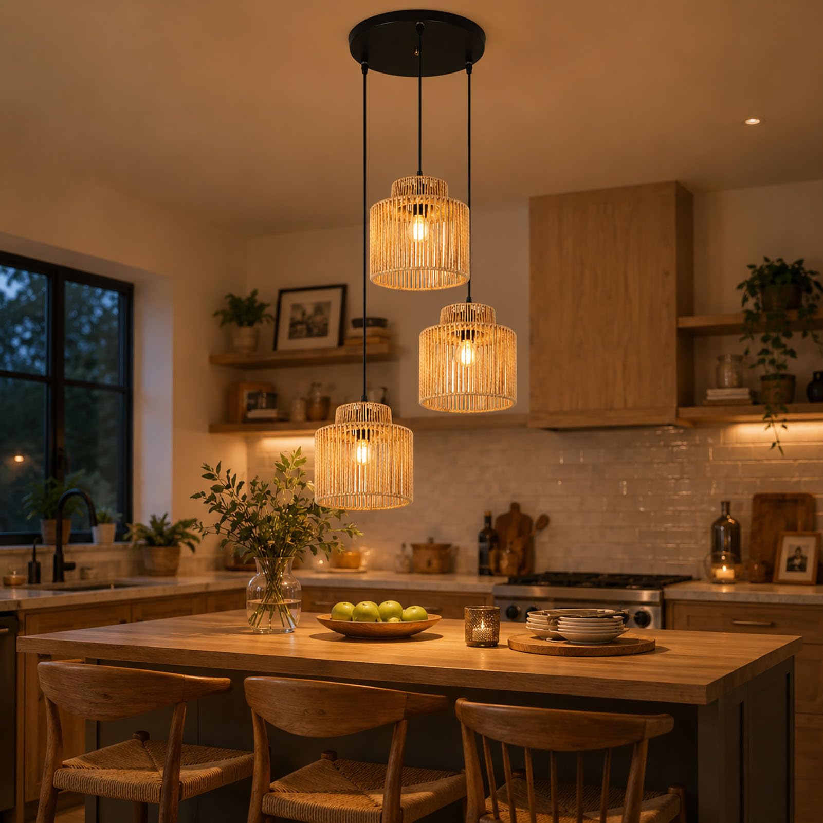Lampada a Sospensione in Rattan Boho, Lampadario Japandi E27 con LED 15W Giallo Calda, Cavo Regolabile 120 cm, Ø20 cm, per Sala da Pranzo, Cucina e Camera da Letto,3 Light