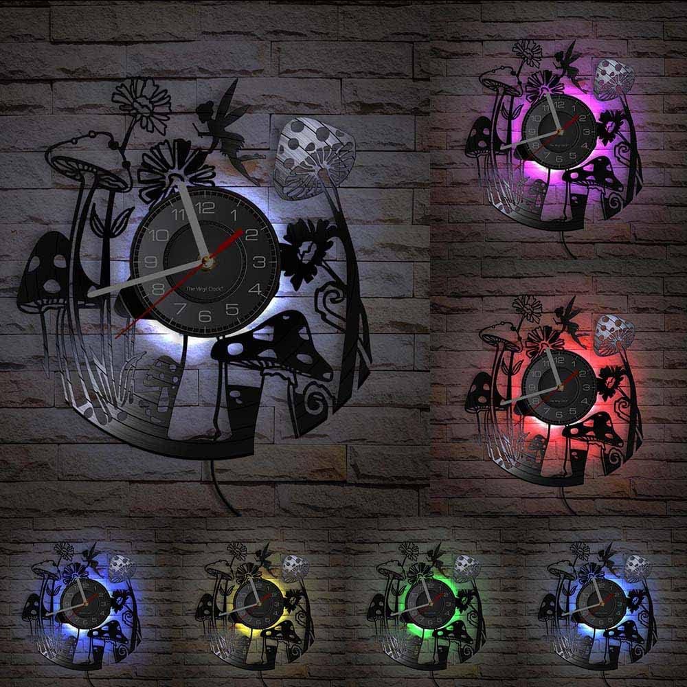 Fairy Tale LED Wall Clock, 7 Color Changing Garden Mushroom Vinyl Wall Watch Clock Decorative Silent Non Ticking Quartz Night Light Wall Clock Battery Operated for Nursery Kids Room (12inch)