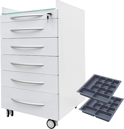 Gabinete móvil del asistente dental médico de 5 cajones, carro de almacenamiento rodante de acero inoxidable, con ruedas y 2 bandejas, encimera de