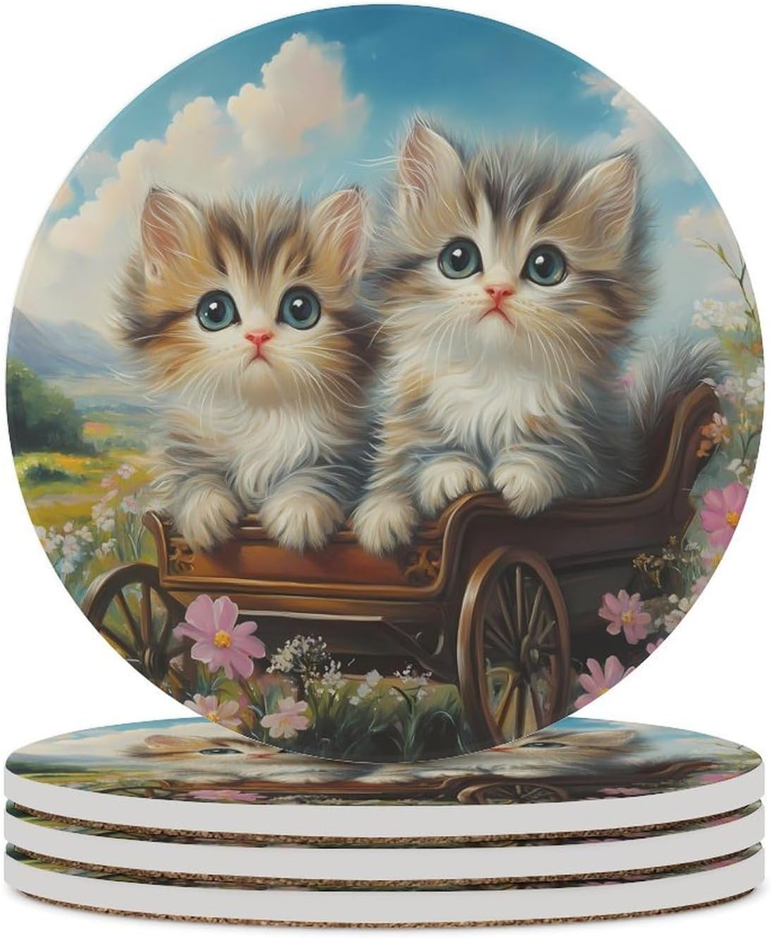 Cute Cat Coasters for Drink Round Ceramic Coaster with Cork Base Home Decorative 4PCS