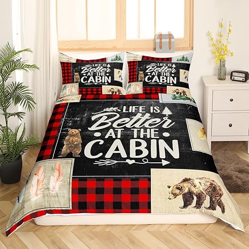 Miniatura 3 de Manfei Juego de funda de edredón de cabaña rústica para niños, tamaño individual, juego de ropa de cama de plumas de oso silvestre y flecha, 2