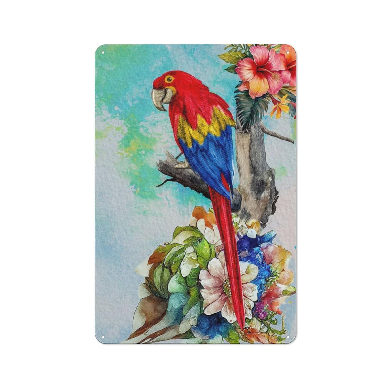 Junmoney Colorful Parrot With Floral Watercolor Painti Tin Wall Plaque 30X20cm With Ng For Guest Room Or Hallway, For Hallway Wall Decor Fans
