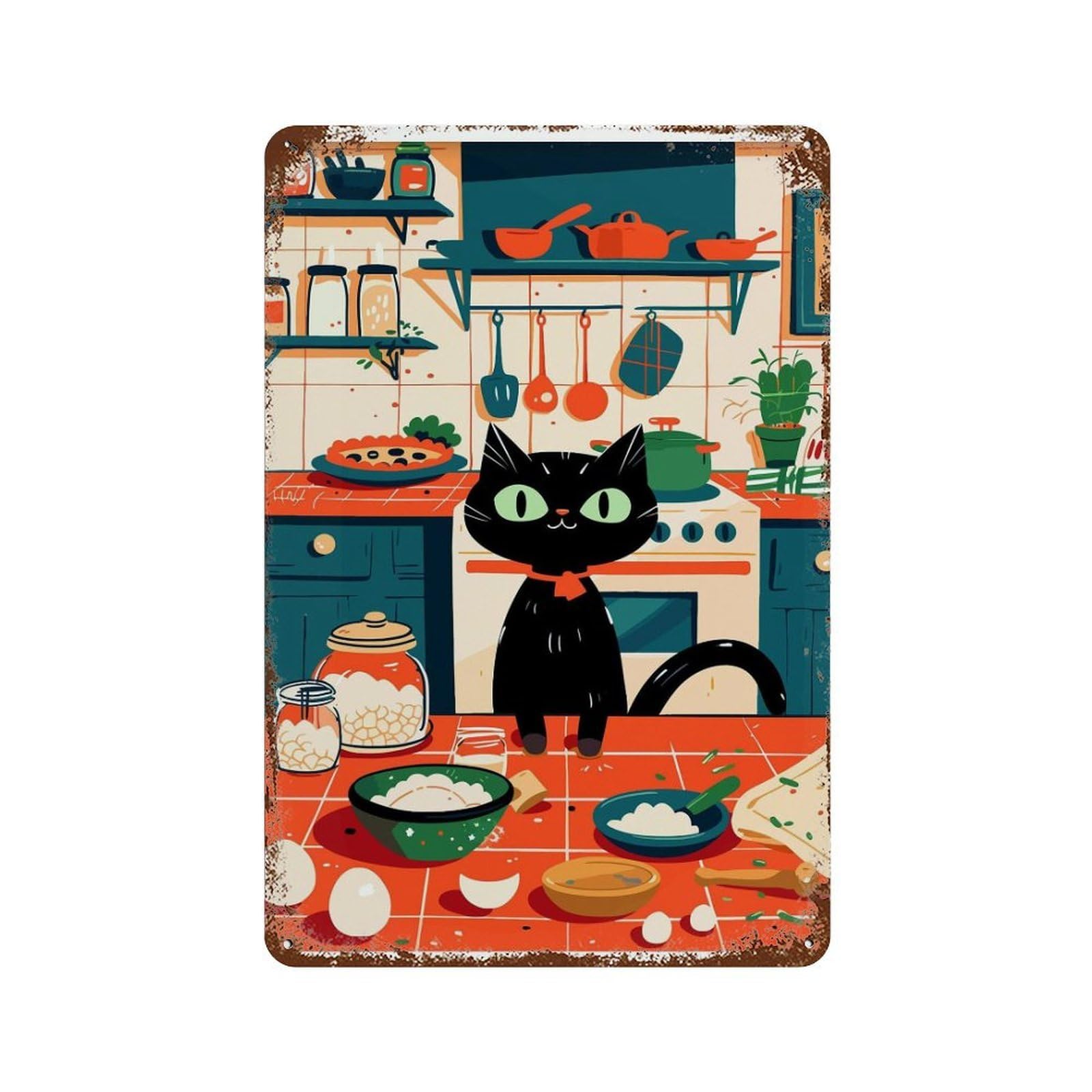 xiaoxiaoshen Black Cat in Kitchen Whimsical Wall Decor Art Metal Tin Poster Modern Home Decor Art Home Bar Shop Decorations Vintage Sign 30x20cm