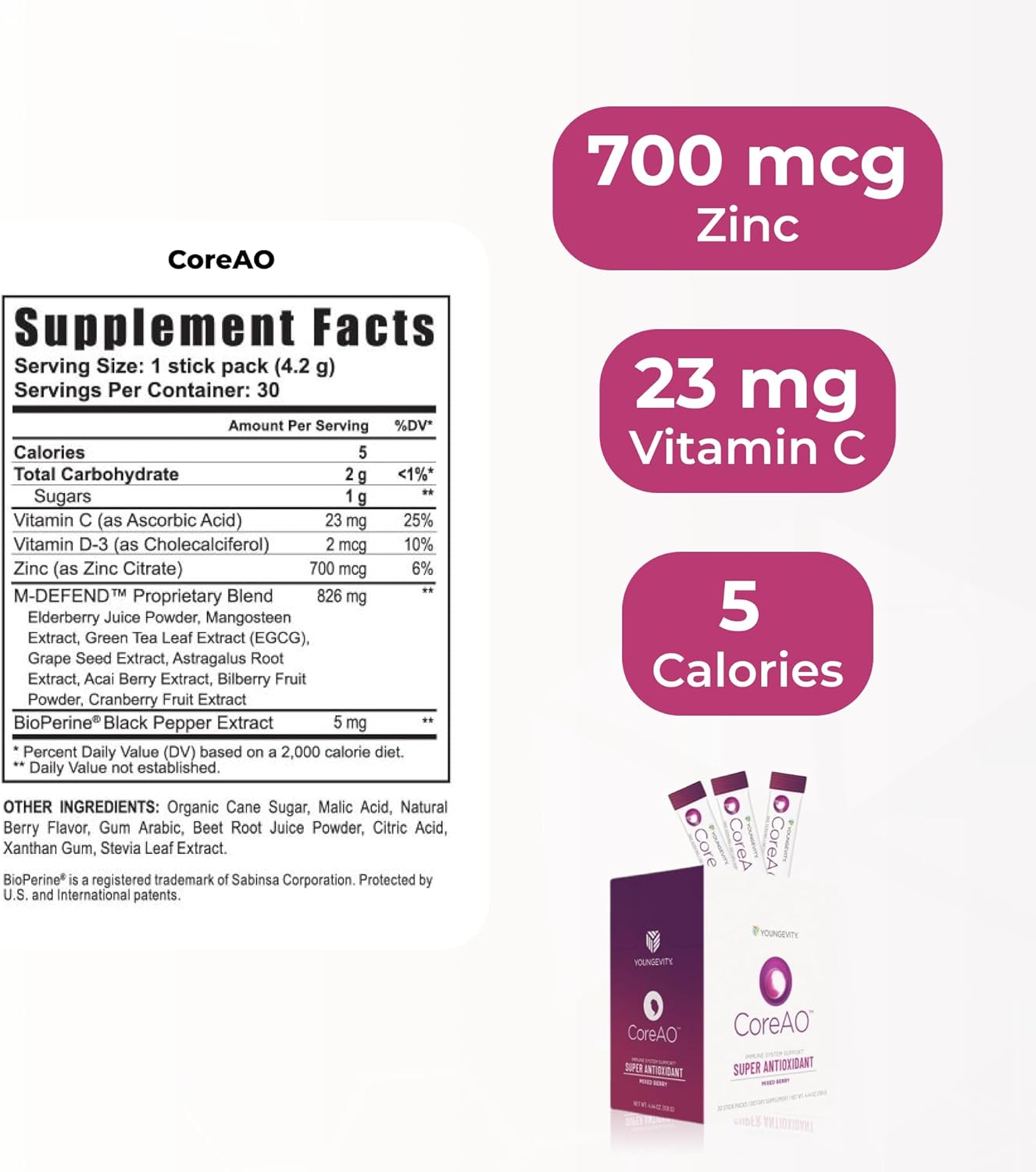 Youngevity Official CoreAO Stiks – Antioxidant Superfood Supplement - Vitamin C, D3, and Zinc - Immune Support, Berry Flavor, On-the-Go Stick Packs, Non-GMO, Gluten-Free, and Low-Calorie – 30 Servings