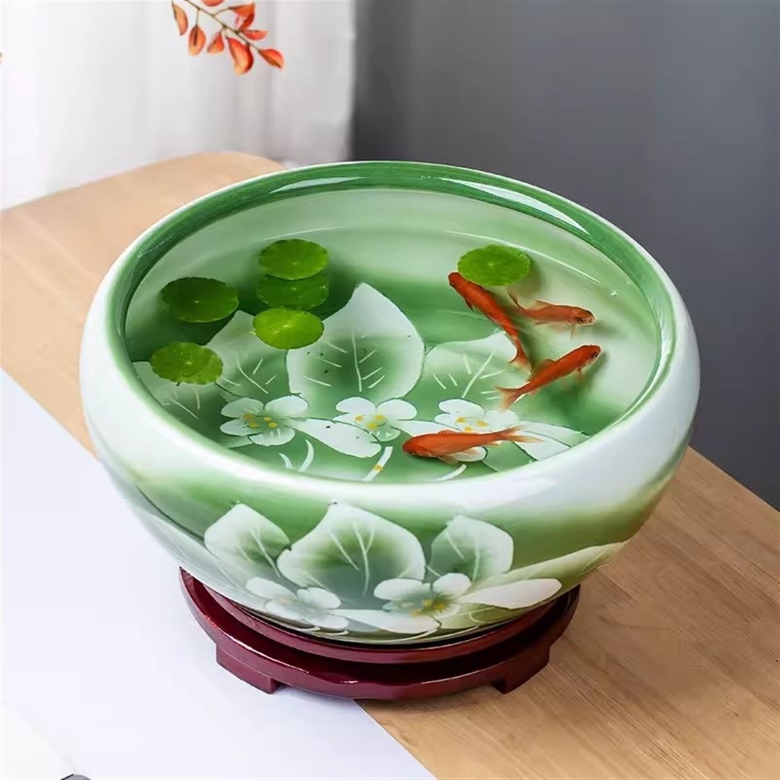 Aquarium Réservoir de poissons en céramique peint à la main avec finition lotus vert Réservoir d'alimentation for tortues de poissons rouges Fortune Pot de fleurs rond en céramique Bac à Poisson(32x32