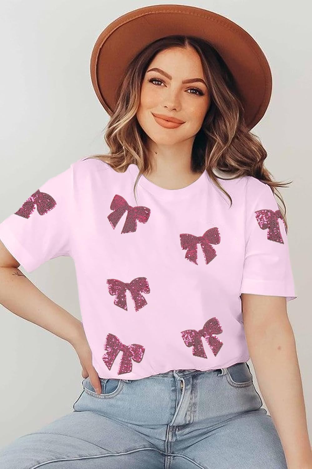 Womens Bow Shirt Coquette Aesthetic Shirts Cute Sequin Graphic Tees Trendy Pink Bow Ribbon Short Sleeve Tee Tops - Image 3