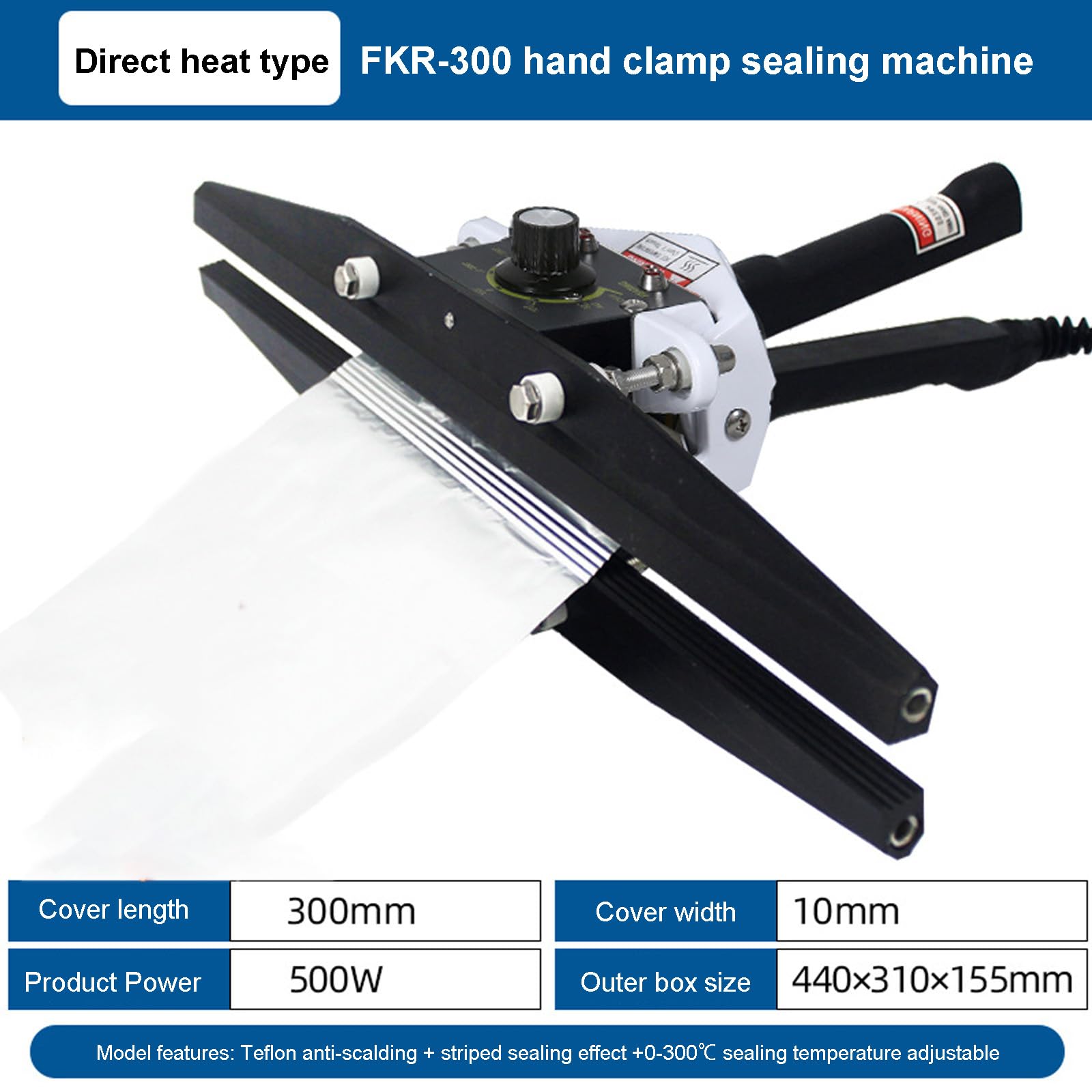 Selladora Térmica Portátil con Temperatura Ajustable De 0 A 300 °C, Sellado Rápido De Envases De Alimentos En 2 S, Ancho De Sellado De 10 Mm, Máquina De Sellado por Pulsos Portátil.,FKR-300