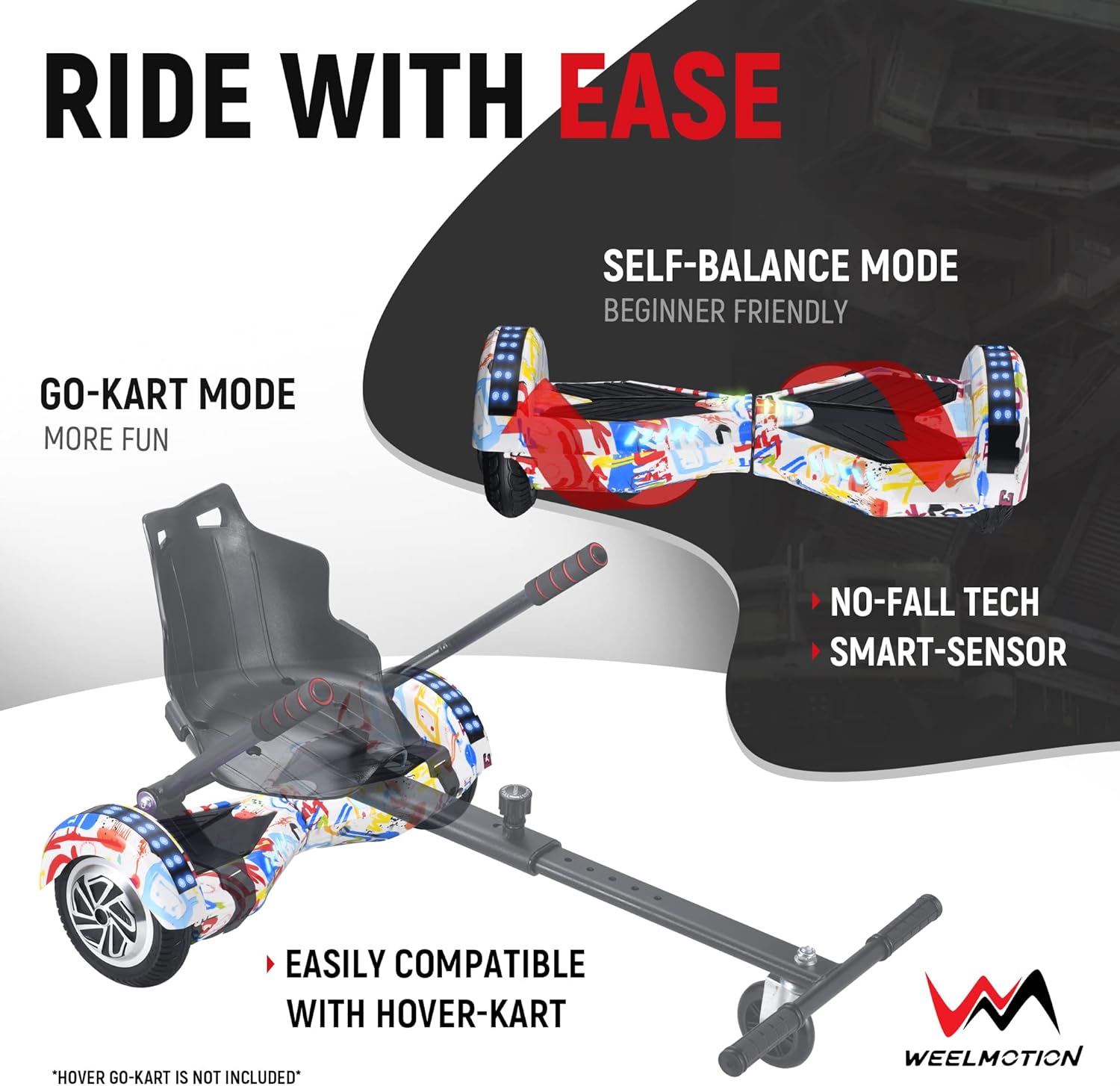 Image illustrating the hoverboard's self-balance mode for beginners and compatibility with a go-kart attachment.