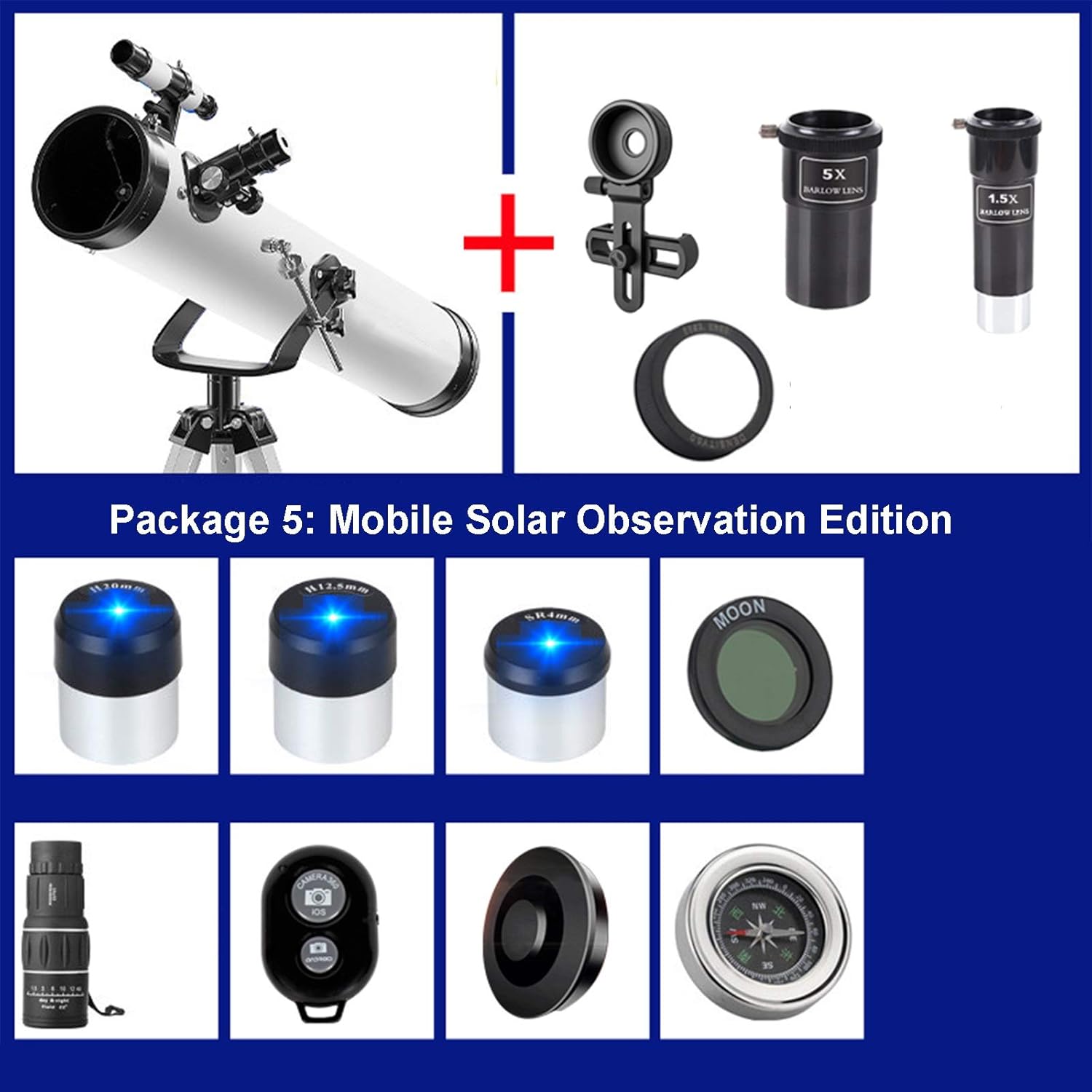 Astronomical Telescope, 114mm Large Aperture Reflective Telescope, Adjustable Aluminum Tripod (60~120cm), Suitable for Amateur Beginners and Kids (Color : Package 5)