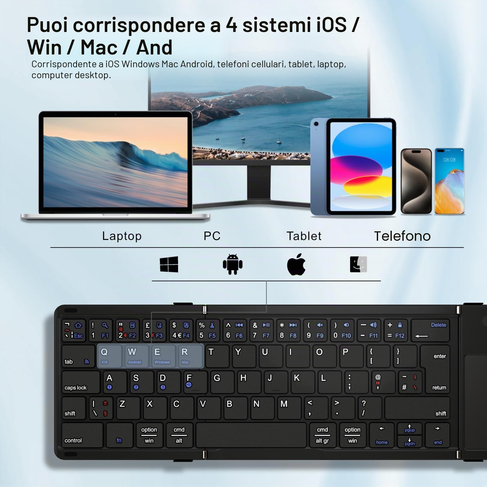 Tastiera Bluetooth pieghevole con touchpad, collega quattro dispositivi, connessione Bluetooth + cavo USB, QWERTZ tedesco con trackpad, per iOS, Android, Windows, laptop, PC