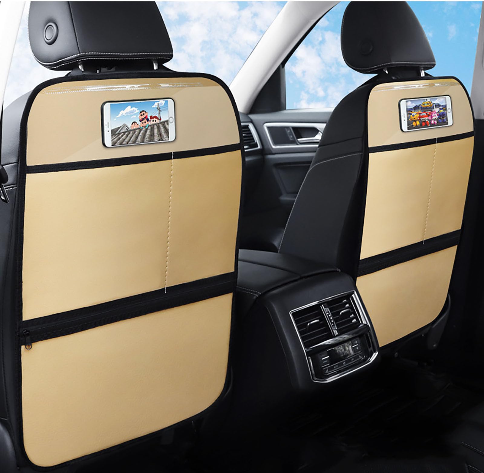 2 Piezas Protector Respaldo Asiento Coche para DS 7 SUV/Crossback 2017 2018 2019 2020-2023 2024+, Almohadillas Antipatadas de Asiento de Coche con Organizador,- Beige