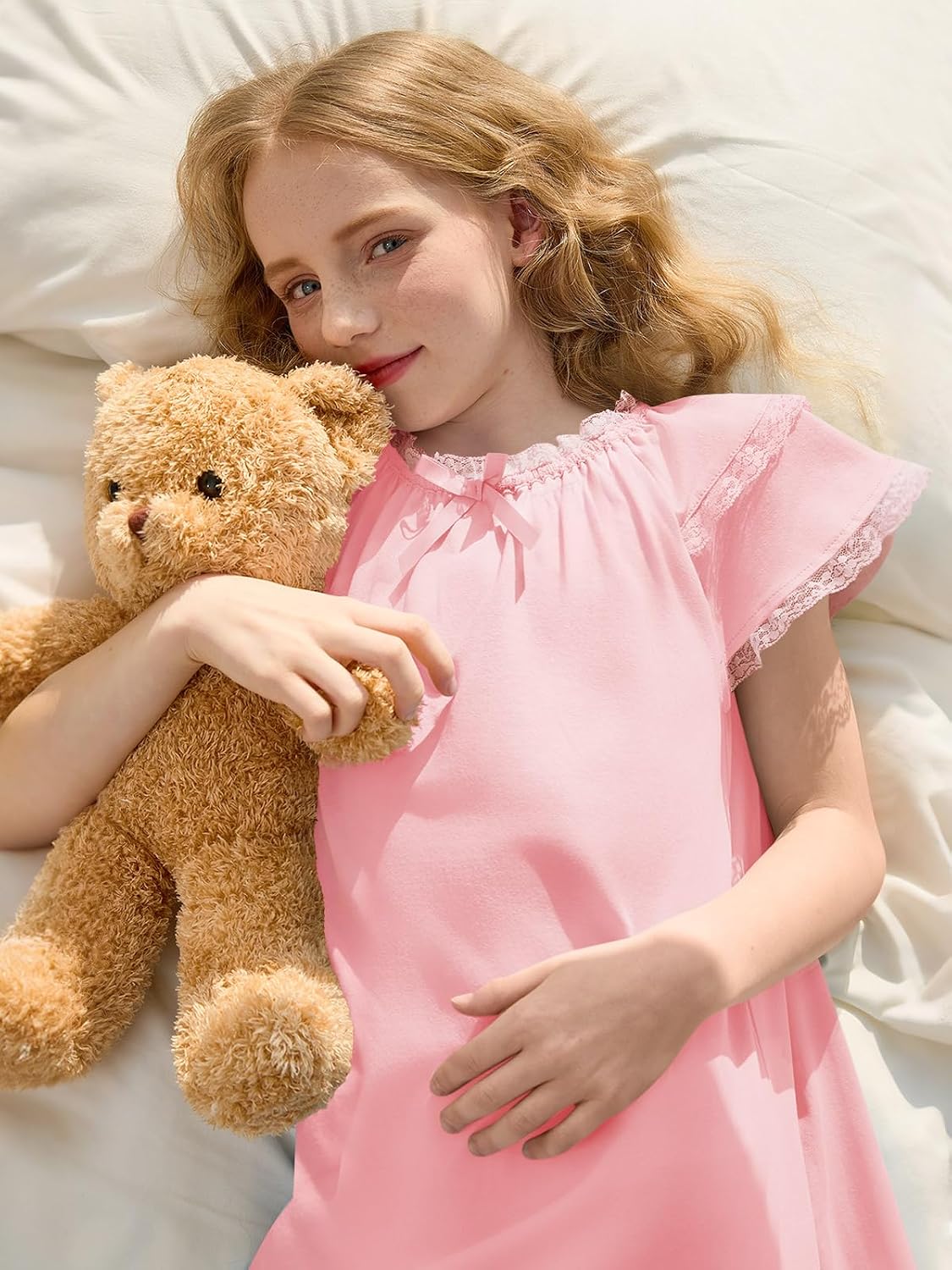 rrhss Girls Nightgowns Sleepwear Kids Lace Short Sleeve Pajama Dress Soft Princess Sleepshirt 5-14 Years