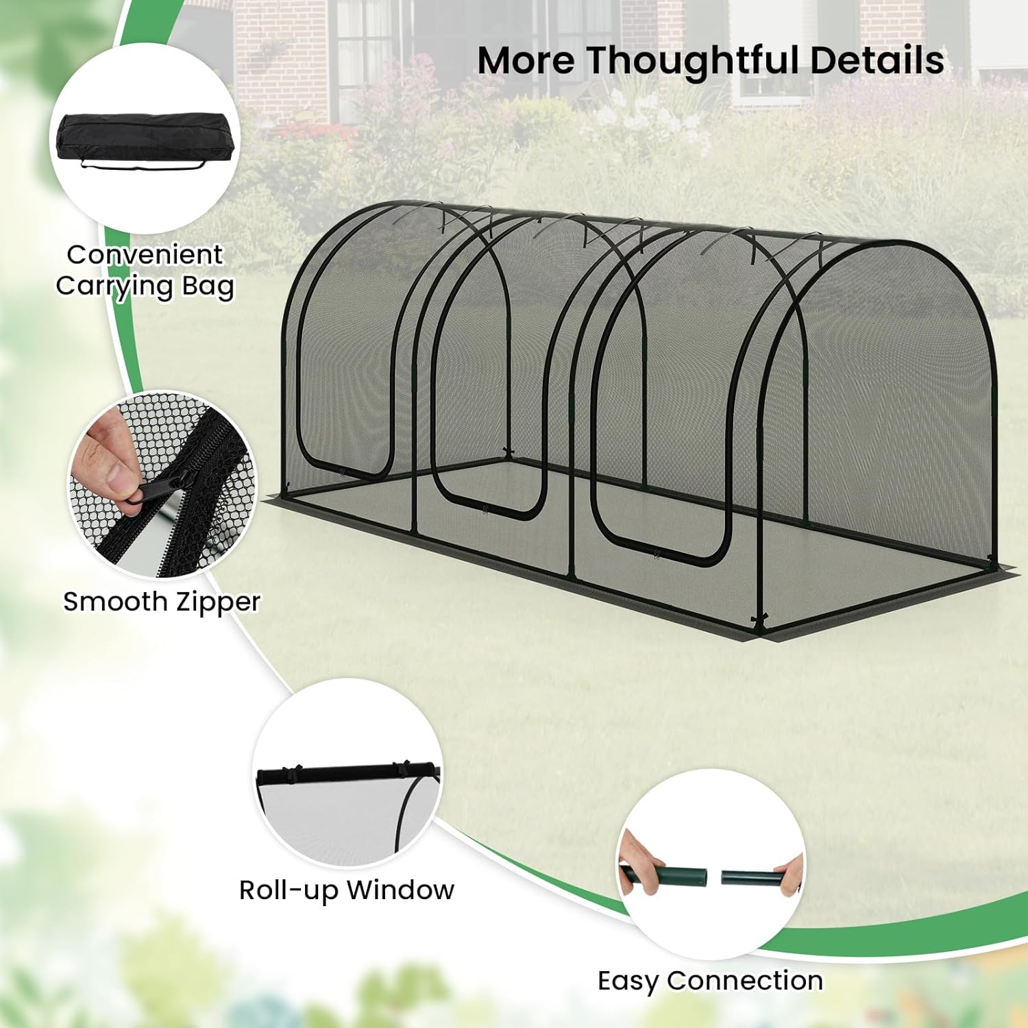 Close-up of carrying bag, smooth zipper, roll-up window, and easy connection points for the crop cage