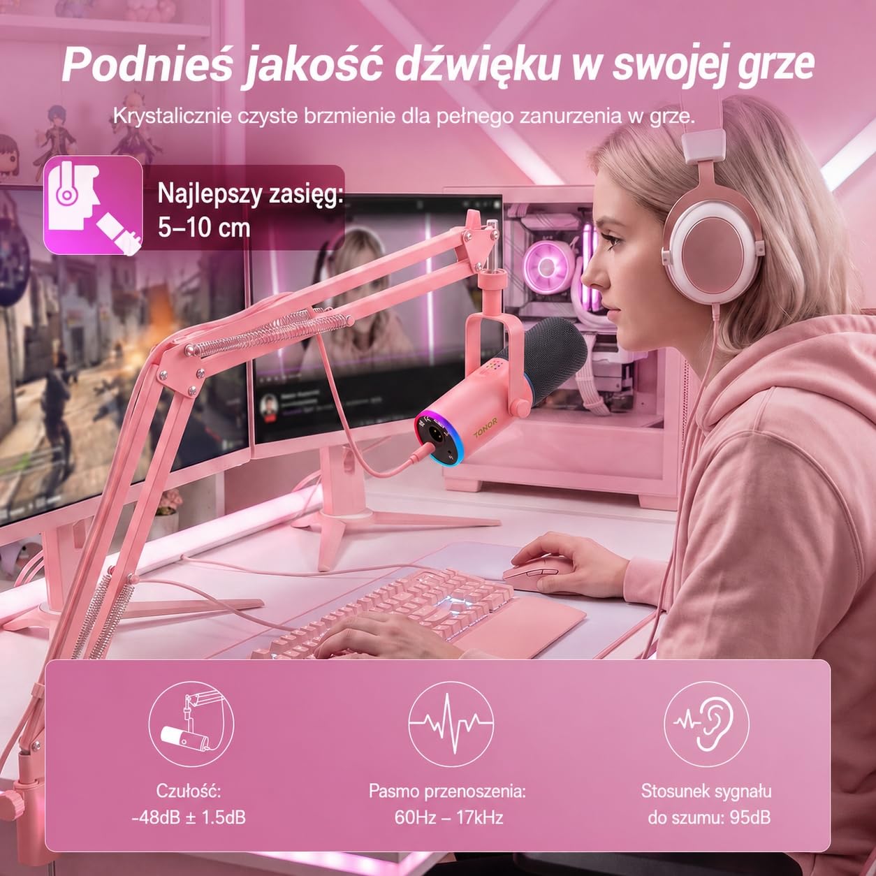 TONOR Dynamiczny mikrofon do gier, mikrofon XLR/USB do strumieniowego przesyłania, redukcja szumów AI, sterowany RGB, wyciszenie, gniazdo słuchawkowe 3,5 mm, mikrofon z ramieniem szubienicowym, różowy