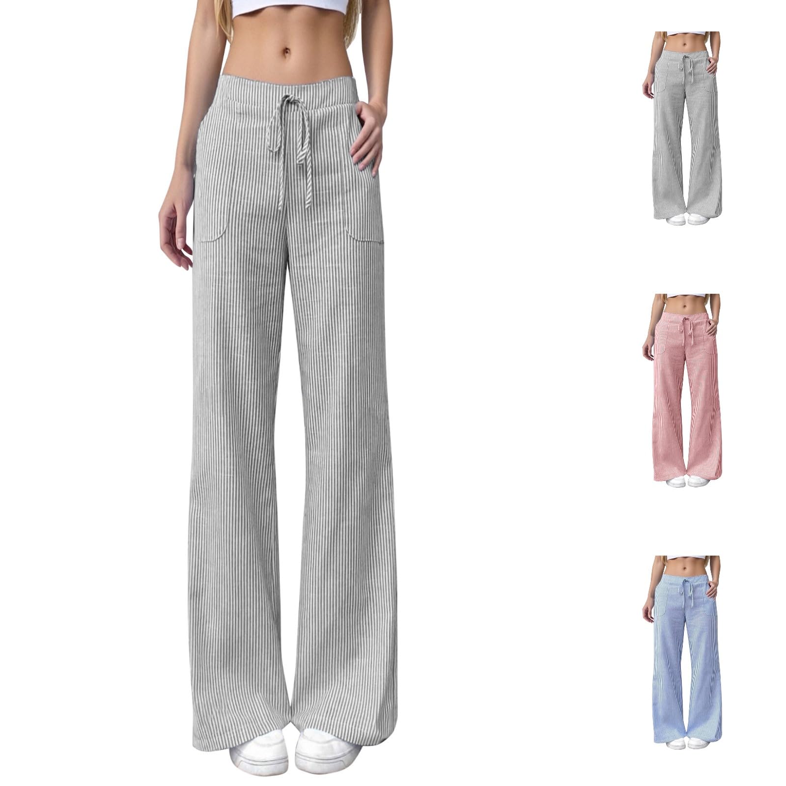 Pantalon Femme Ample Taille Élastique Rayé Pantalon Chic et Elegant Pantalons Fluide Pantalons de Jogging à Jambes Larges avec Cordon de Serrage Femme