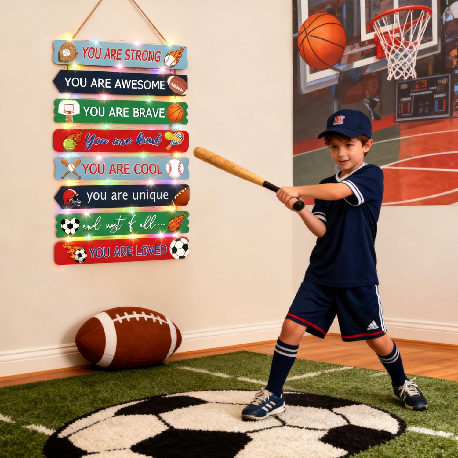 Cool Classic Sport Balls Sign Nursery Wall Decor Set of 8 With LED Lights, 16x5 Modern Motivational Cute Ball Plaque Wall Art for Baby Boy Kid Teen Toddlers, 4 PCS Wooden Quote Gift for Gameroom Gym
